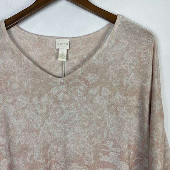 Chico’s | Tierra Sz 2 Large Pink Metallic Tie Front 3/4 Sleeve Top Knit Sweater - Picture 4 of 10